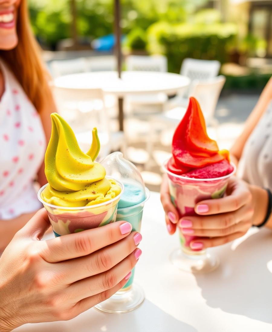 Dos personas compartiendo helados artesanales de colores en una mesa al aire libre