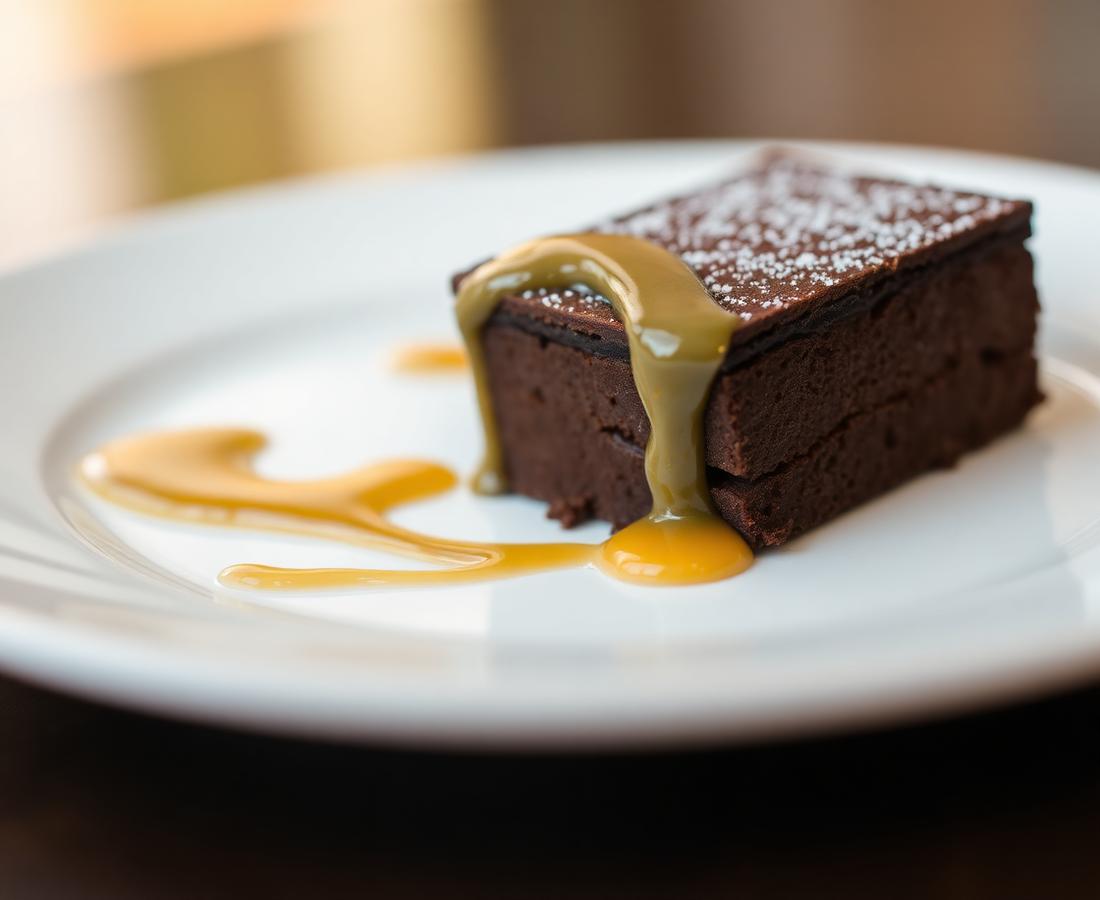 Postre de chocolate con dulce de leche servido en un plato blanco