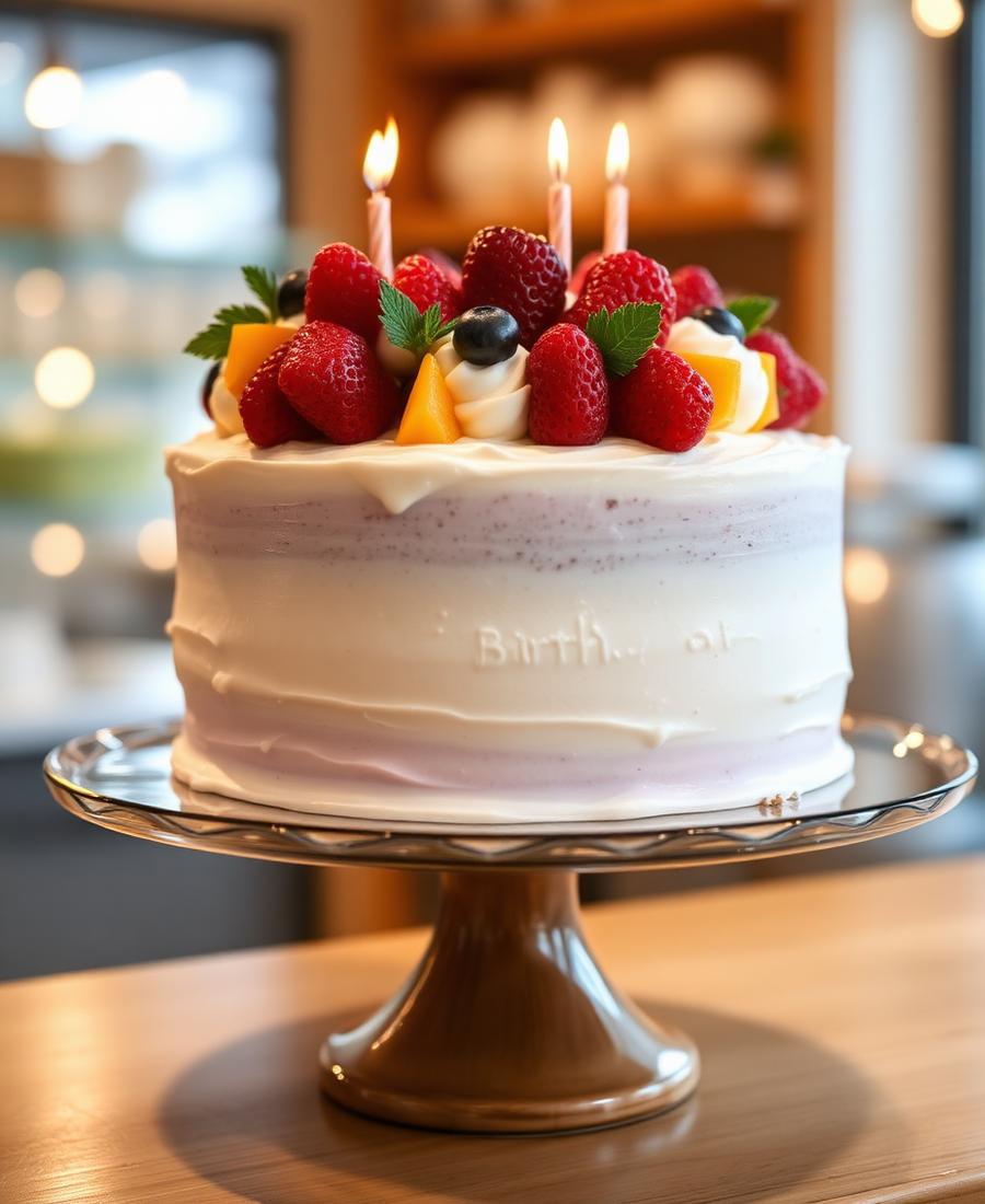 Torta de cumpleaños con crema y frutas frescas sobre un pie de vidrio