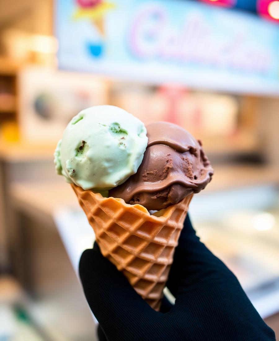 Cucurucho con bochas de helado sabor menta y chocolate