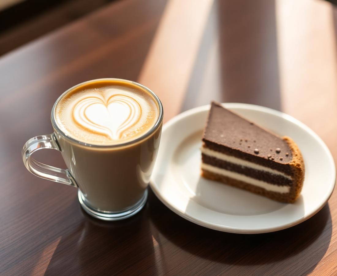 Café con leche con arte latte junto a una porción de torta