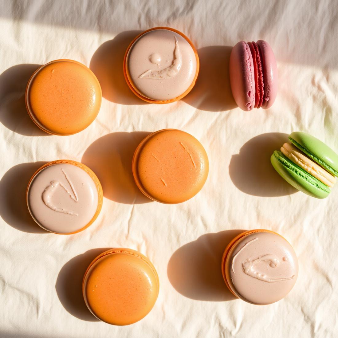 Vista superior de alfajores artesanales y macarons de colores