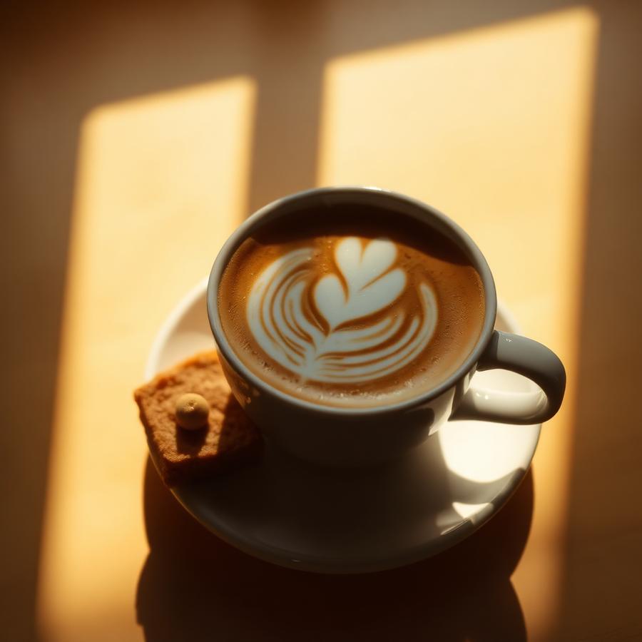 Taza de café con arte latte junto a una porción dulce