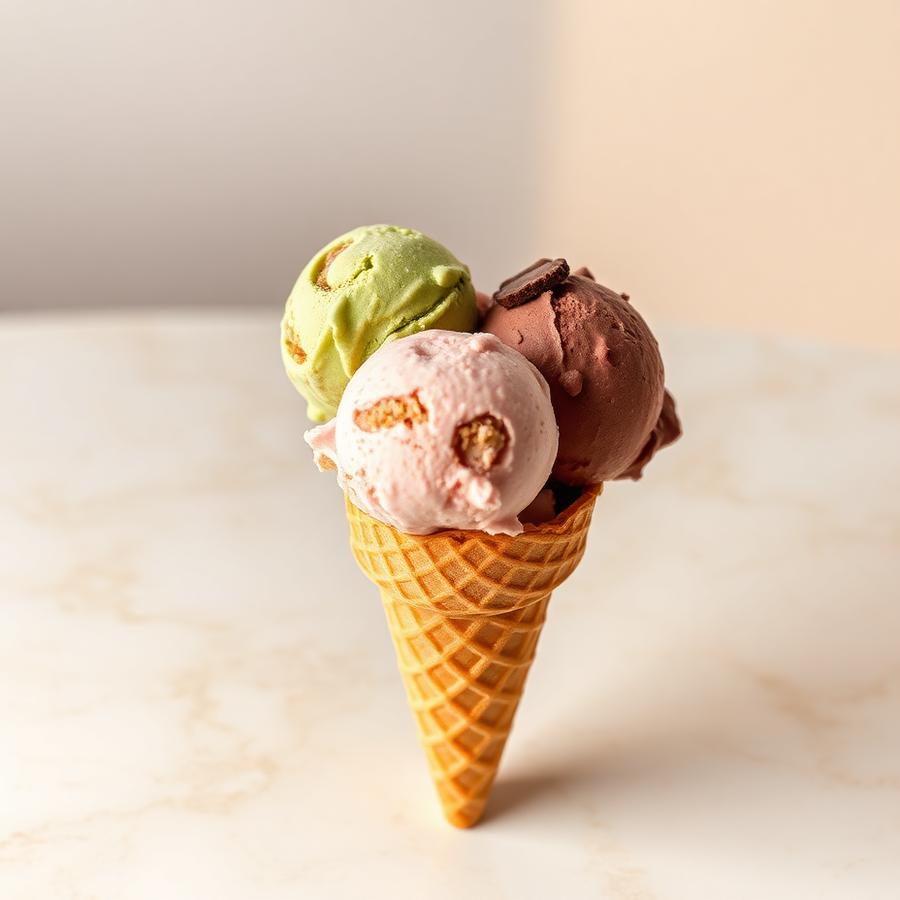 Cucurucho artesanal con tres bochas de helado sobre un mármol crema