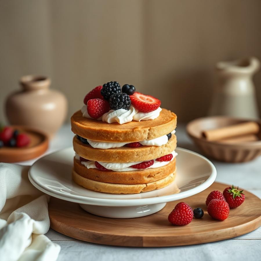 Torta artesanal en capas con frutos rojos sobre un plato blanco